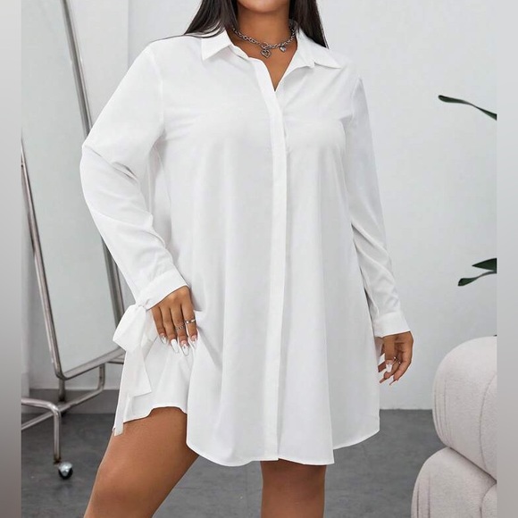 Classic elegant Plus Size Tie knot Long Sleeve Button Down Shirt Dress White - Picture 3 of 9